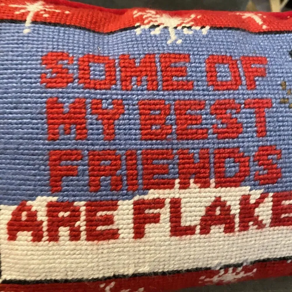 Christmas Needlepoint Velvet Gift Pillow Best Friends Are Snowflakes Snowman